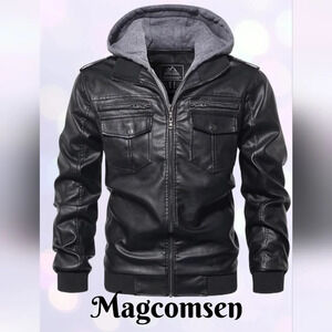 Magcomsen Jacket Men Sz S Black PU faux Leather Moto Removable Hood High-quality